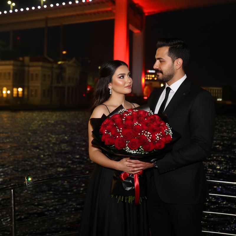 Couple with a bouquet of roses under the lit bridge