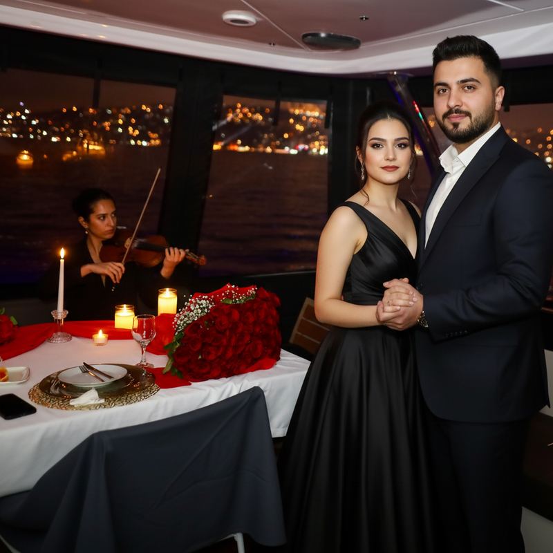 Couple on board with the violinist in the background