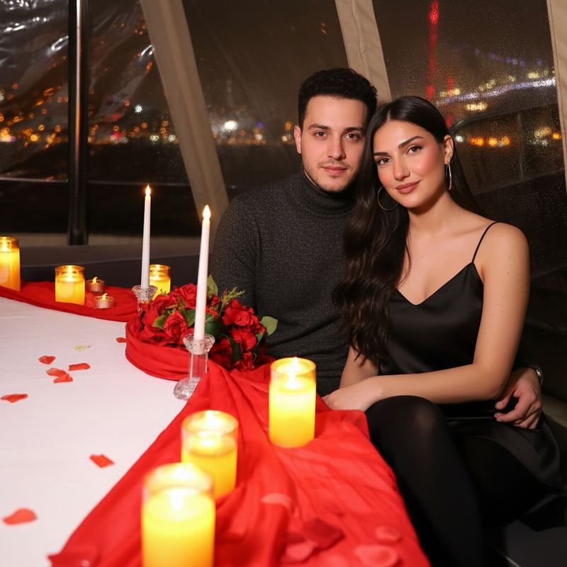 Couple at the table with candles and roses